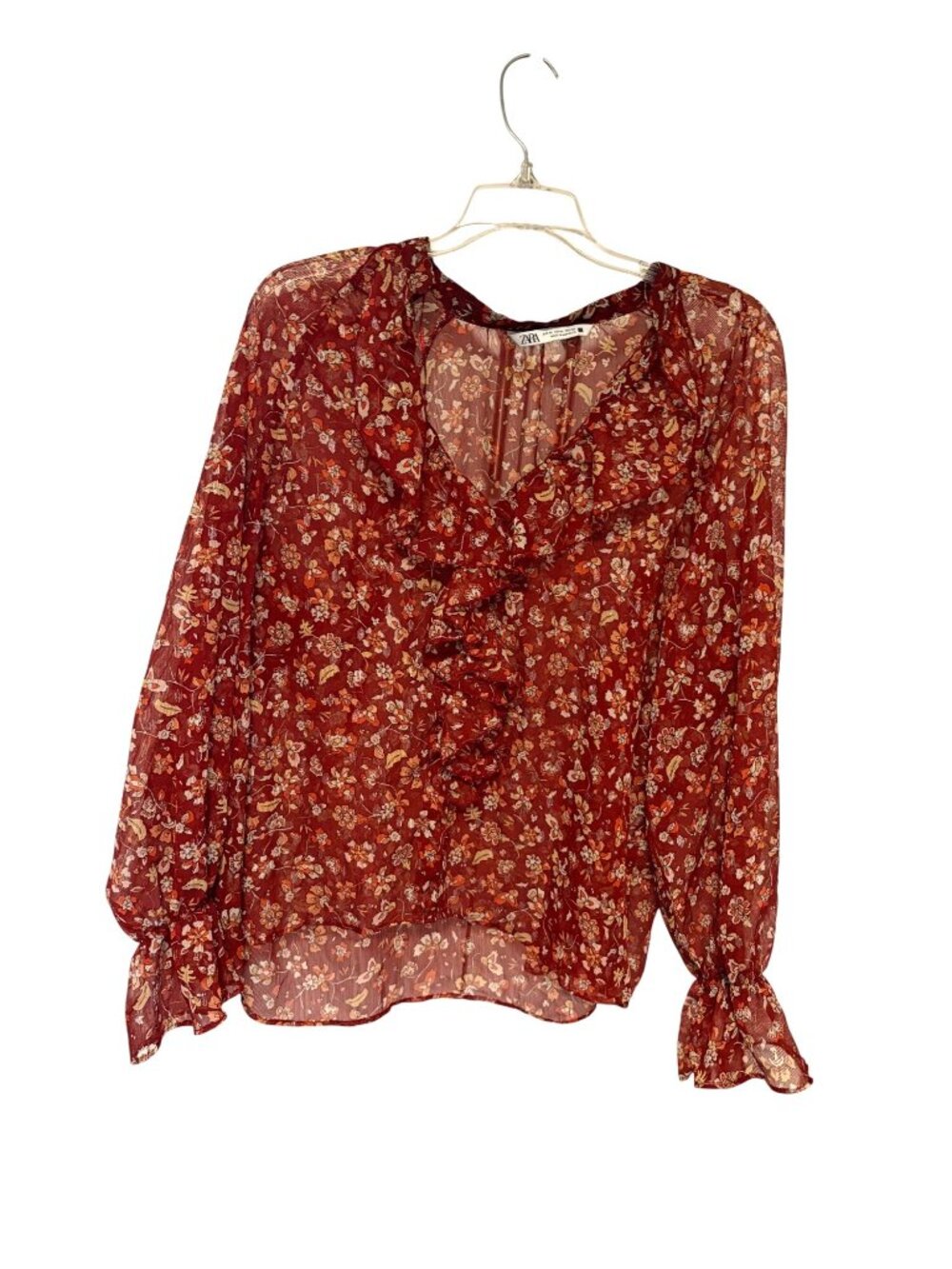 Zara Womens Size XL Long Sleeve Blouse Floral red Semi Sheer Long Sleeve Ruffle